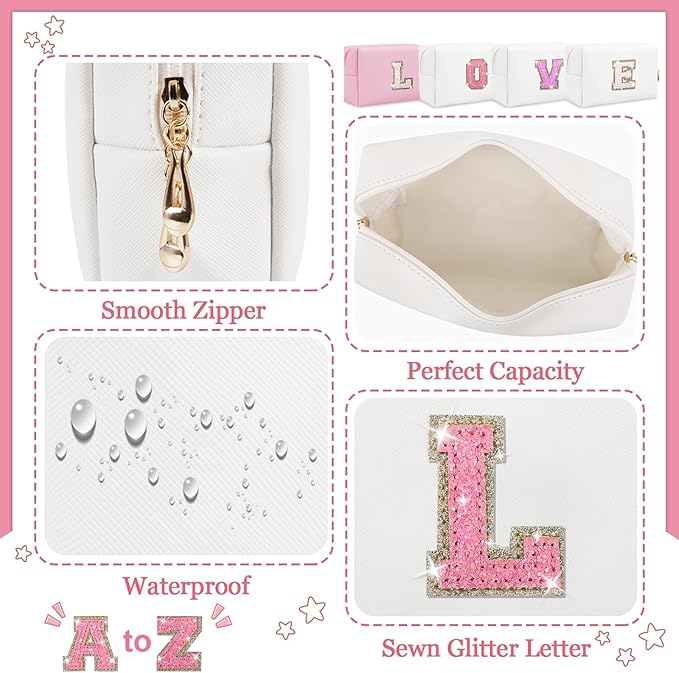 Initial Letter Patch Makeup Bag, Small Preppy A-Z Glitter Letter Cosmetic Bag, PU Leather Waterproof Travel Toiletry Bag, Cute Make Up Pouch Personalized Monogrammed Gift for Women Teen Girls