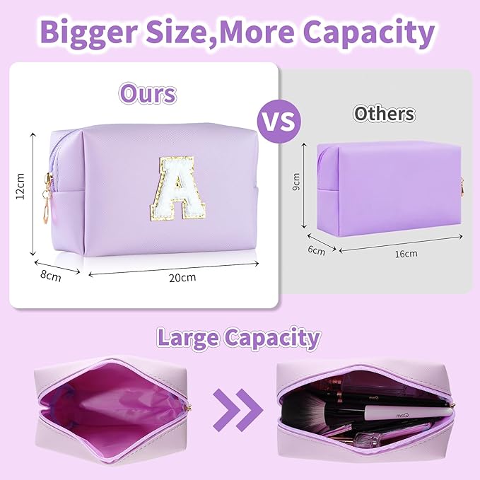 MSQ Personalized Makeup Bag Initial A-Z Patch Bag, PU Leather Cosmetic Bag Pouch Travel Toiletry Bag with Zipper, Gift Ideal for Teen Girls Friend Mom Women Birthday(Purple A)