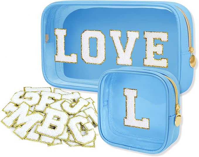 2PCS Personalized Preppy Makeup Bag Set, Small Makeup Pouch & Large Cosmetic Bag, Premium 26 Chenille Letters, Cute Skincare Bag, Birthday Gifts for Girls Woman (Blue)