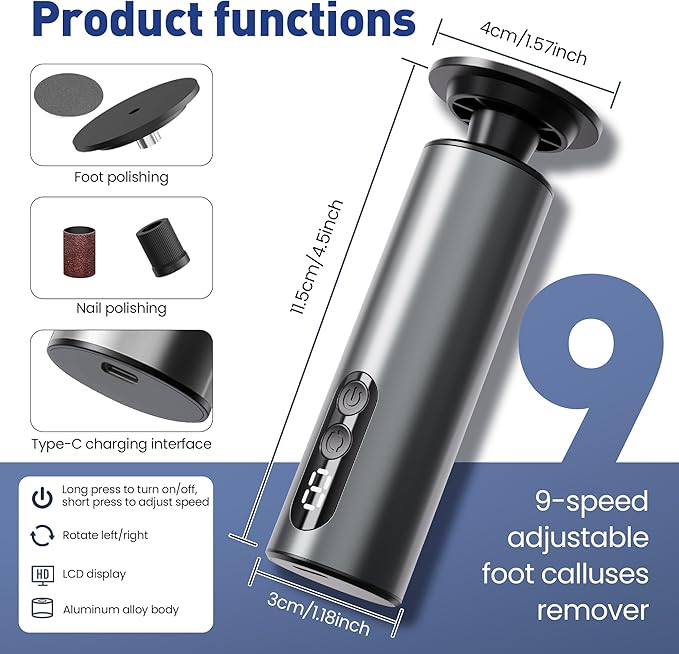 Electric Foot Callus Remover,2 in1 Rechargeable Callus Remover for Feet,9-Speed Cordless Electric Foot File Nail Grinder,Foot Scrubber Pedicure Tools for Dead Skin Dry Cracked Feet(Black MINI)