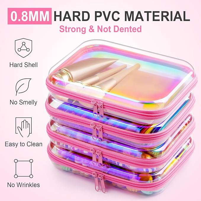 Hoolerry 4 Pcs Hard Clear Zipper Case Makeup Bags Plastic Pencil Pouch Transparent Storage Box Containers for Cosmetics, Snacks, Building Blocks, Puzzles(Pink Laser,9.8 x 7.9 x 2 in)