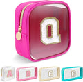 Mini Clear Personalized Initial Makeup Bag,Small Nylon Waterproof Zip Beach Cosmetic Pouch,Preppy A-Z Chenille Letter Patch Cute Coin Purse Travel Toiletry Bag Car Pack Bag for Women(Hot Pink-White Q)