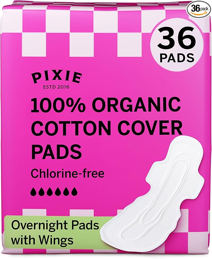 Pixie Organic Cotton Overnight Pads for Women - Extra Heavy Absorbency with Wings - Leak-Proof, Hypoallergenic & Unscented for Feminine Care - Compostable, Biodegradable - 36 Count