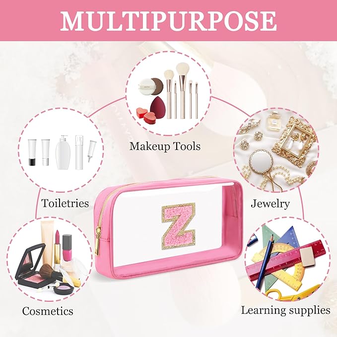 Small Clear Personalized Initial Makeup Bag, Preppy A-Z Chenille Letter Patch Cosmetic Bag, Cute Transparent Nylon Waterproof Zipper Beach Varsity Letter Pouch, Gift for Women Girls(Pink-Pink Z)