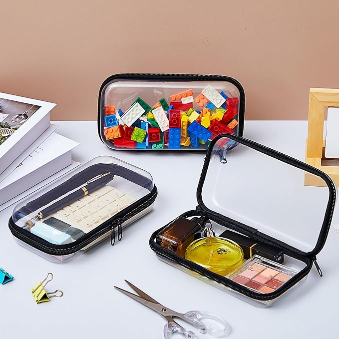 Hoolerry 3 Pcs Clear Hard Zipper Case Plastic Pouch Transparent Hard Case Clear Makeup Bag Portable Travel Organizer Bin for Cosmetics, Building Blocks, Puzzles(Black,S)