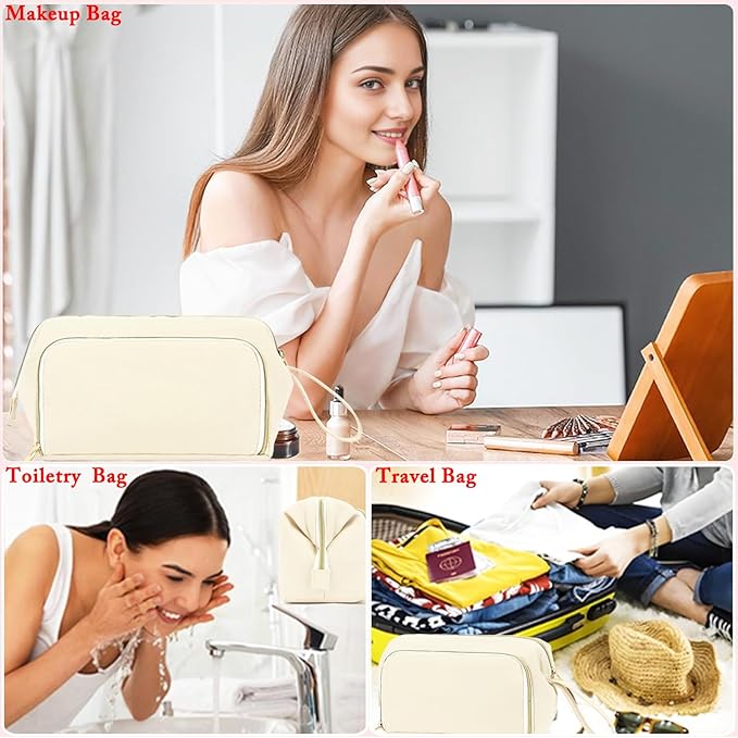 Travel Makeup Bag, Wide-open Cosmetic Bag Make Up Organizer Case with Brushes Pocket for Women, Large Family Toiletry Bag Skincare Pouch for Toiletries Accessories
