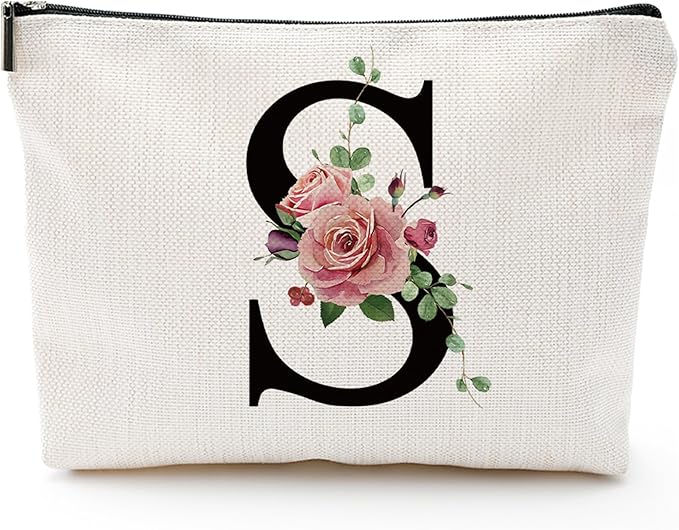 Initial A-Z Personalized Letter Makeup Bag, Monogrammed Bridesmaid Gifts/Presents Cosmetic Bag, Portable Stationery Storage Organizer Pouch, Friendship Love Travel Makeup Bags