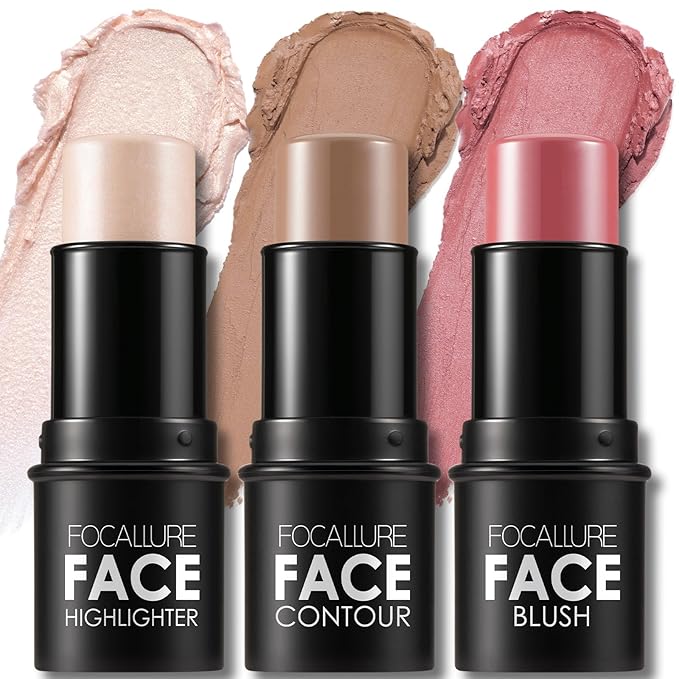 FOCALLURE 3 Pcs Cream Contour Sticks,Shades with Highlighter & Bronzer & Blush,Non-greasy Long-wear Face Contouring Pen,Easy to Sculpt the Face and Create a Lightweight Finishing Makeup,LIGHT-MEDIUM