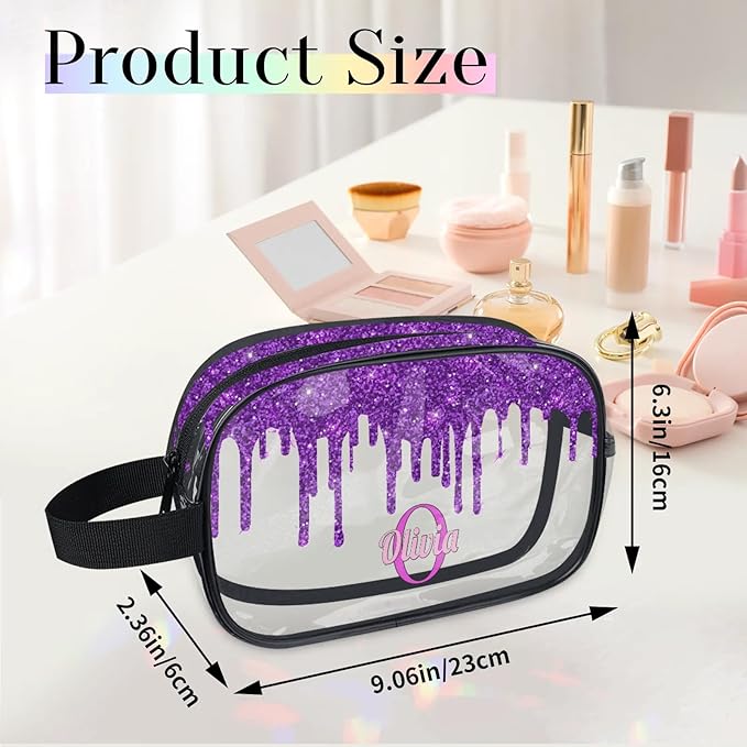 Personalized Transparent Makeup Bag with Name, Travel Clear Cosmetic Bag for Women, Friends, Mother's Day, Bridesmaid, Bride, Wedding, Graduation, Deep Purple Sequins Fluid Shape