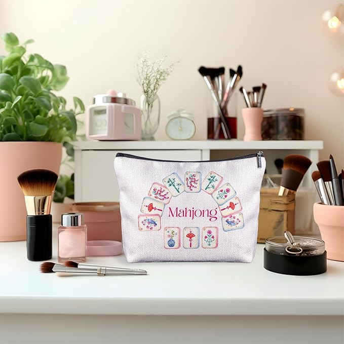 Chinoiserie Chinese Mahjong Makeup Bag, Mah Jong Gifts for Women Cosmetic Bags, Gifts for Mahjong Players Lovers Makeup Zipper Pouch