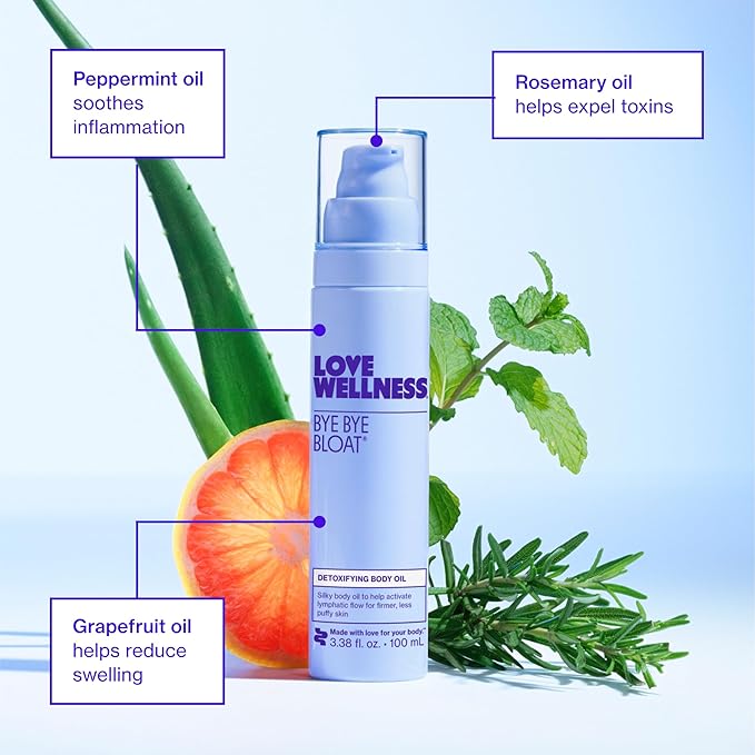 Love Wellness Bye Bye Bloat Detoxifying Body Oil | Lymphatic Drainage Oil to Hydrate, Depuff & Awaken Skin | Reduce Swelling Massage Oil for Women with Peppermint, Grapefruit & Rosemary Oil |100 mL