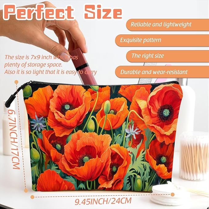 Cosmetic Bags Travel Makeup Toilet Case Waterproof Pouch for Women Girls 6.7X9.45inches - Vibrant Orange Poppies With Greenery