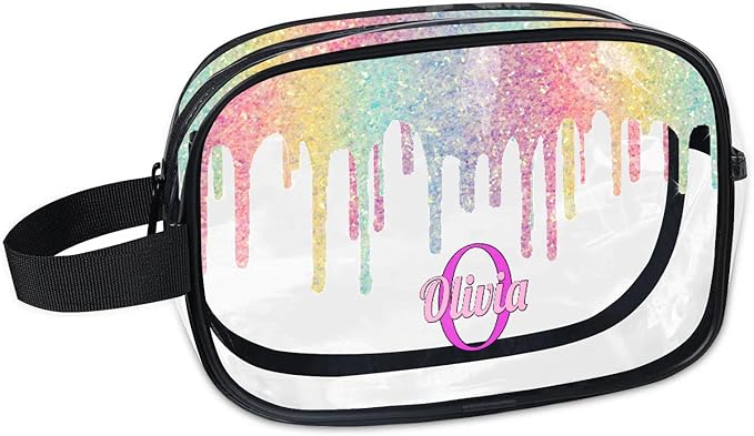 Personalized Name Makeup Bag, Custom Women Transparent PVC Cosmetic Travel Toiletry Bag Pouch Organizer for Vacation Weekend Colorful Rainbow Sequins Water Fluid Shape