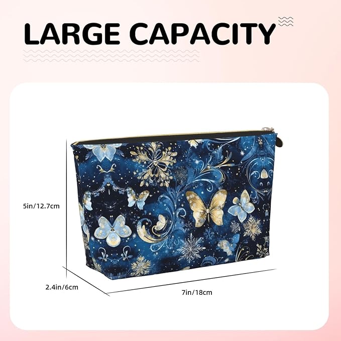 Womens Leather Makeup Bag Cosmetic Bag Travel Toiletry Bags Make Up Bags for Women Adult (Christmas Snowflakes Butterfly-21)