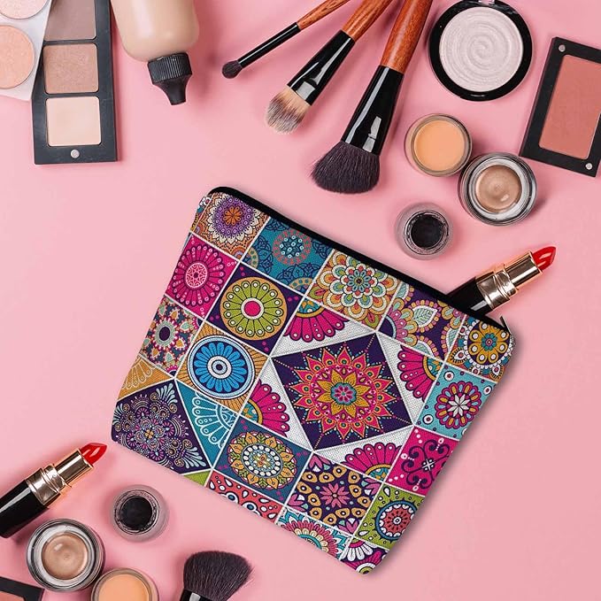 Women Makeup Organizer Bag Mandala Floral, Colorful Ethnic Mandala Flower Patchwork Flax Cosmetic Bag Makeup Bags Toiletry Bag Accessories Organizer Travel Bags For Home Bathroom Office Hotel