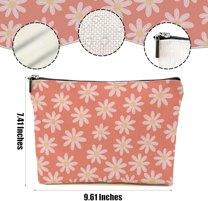 Vintage Daisy Flowers Makeup Bag Floral Cosmetic Bag Friend Friendship Gifts for Women Girls Sister Coworker Bestie Botanical Travel Organizer Zipper Pouch Christmas Thanksgiving Birthday Gifts