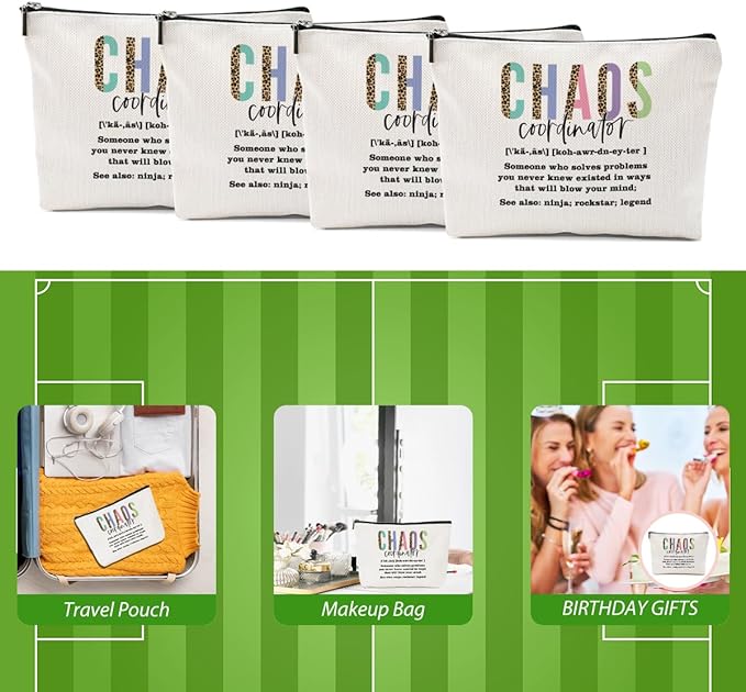 4pcs Chaos Coordinator Makeup Bag Chaos Coordinator Gifts for Women Cosmetic Bag, Thank You Gifts for Women Her Moms Manager Colleagues Retirement Boss Gift, Makeup Pouch Zipper Bags