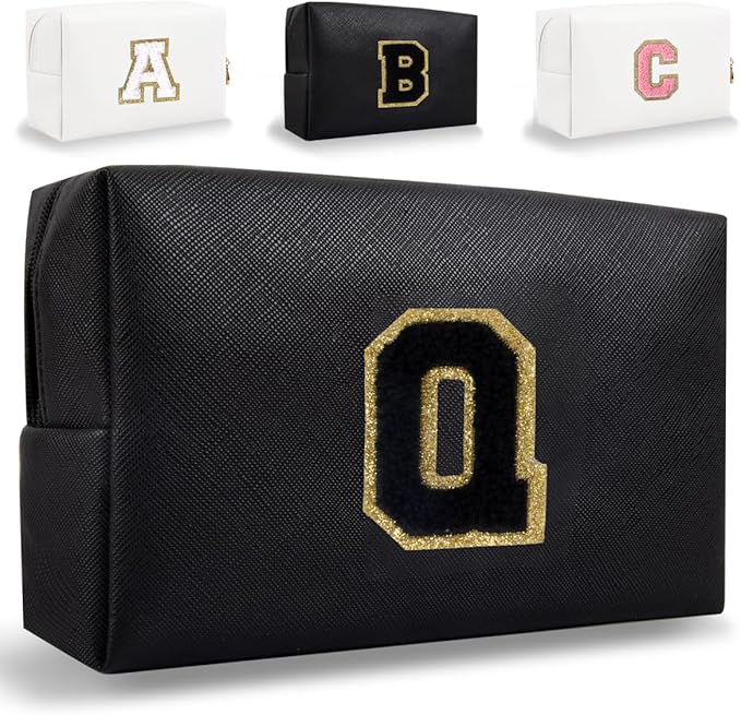 Small Personalized Letter Makeup Bag, Cute PU Leather Chenille Letters Cosmetic Bag Travel Makeup Pouch, Preppy Travel Organizer Zipper Pouch for Women&Girls（Black-Q）