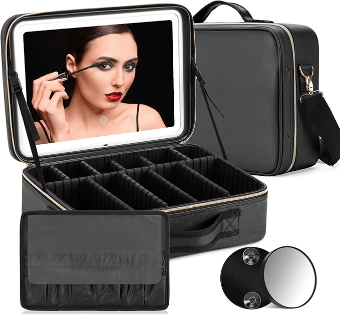 Travel Makeup Bag with LED Lighted Make up Case with Mirror 3 Color Setting Cosmetic Makeup Box Organizer Vanity Case for Women Beauty Tools Accessories Case Rechargeable (big black)