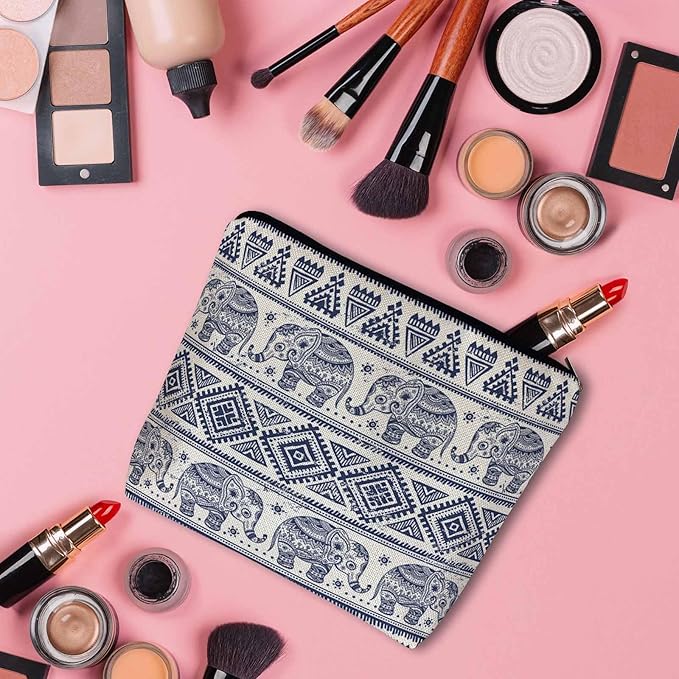 Elephant Cosmetic Bags For Women, Ethnic Geometric Elephant Roomy Makeup Bag Toiletry Bag Accessories Organizer Storage Bags Makeup Pouch For Travel Business Gym Camping Bathroom, Blue