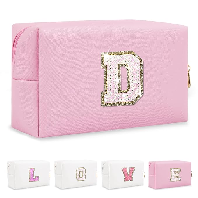Small Personalized Initial A-Z Patch Makeup Bag,Pink Cute PU Leather Glitter Letter Cosmetic Bag for Teen Girls,Travel Toiletry Bag with Zipper,Preppy Monogrammed Birthday Gift for Daughter Niece D
