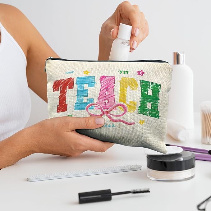 Teacher Makeup Bag, Teacher Appreciation Gifts Cosmetic Bags for Women, End of Year Teachers Gifts, Coquette Bow Teach Zipper Makeup Pouch for Teachers