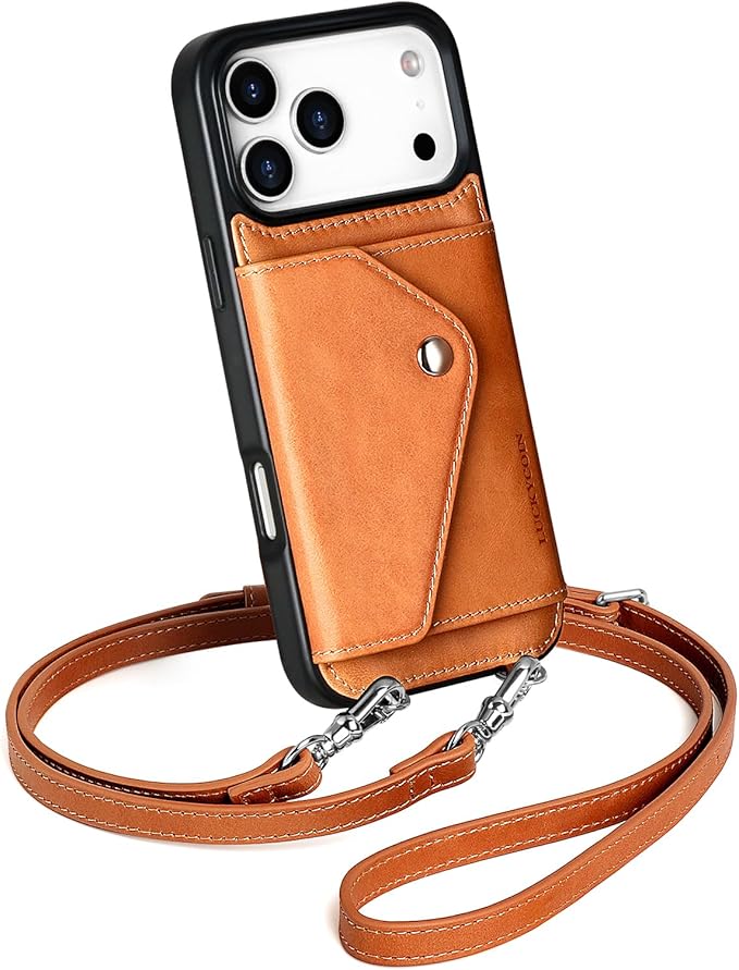 LUCKYCOIN Crossbody Wallet Phone Case for iPhone 17 Pro Max,100% Genuine Leather Wallet Phone Case with Expandable Flip Card Holder,Phone Purse for Women with Adjustable Removable Strap - Tan