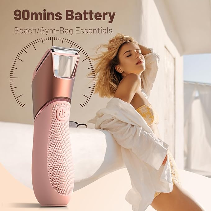 Bikini Trimmer for Women: Pubic Hair Razor with Mirror & LED Light, Electric Shaver with Ceramic Blades & Travel Lock - Body Groomer IPX7 Waterproof Use for Legs/Arm/Underarm - Baby Pink