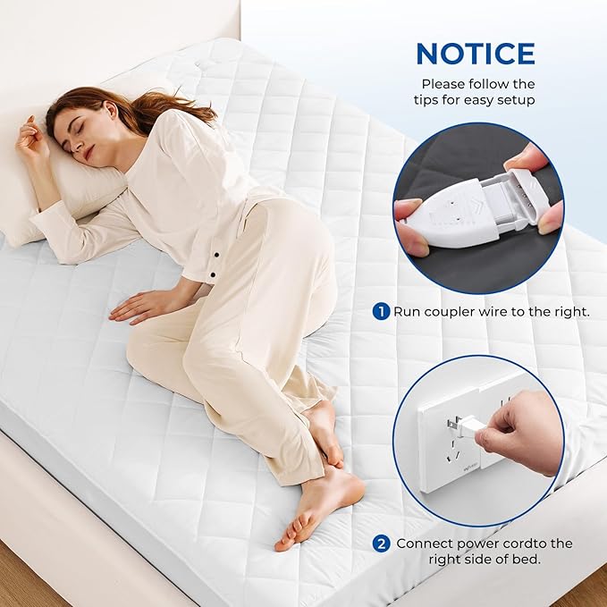 Heated Mattress Pad Full Size Quilted Heating Electric Bed Warmer Luxury Comfort Heat Mattress Pad Cover Single Controller（10 Heat Setting | 1-12 Hours Auto Shut Off | with 8-21 Inch Deep Pocket）