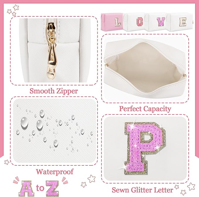 Personalized Initial Makeup Bag, Small Preppy Glitter Letter Cosmetic Pouch PU Waterproof Zipper Travel Toiletry Bag, Unique Letter Patch Makeup Organizer Gift for Women Teen Girls