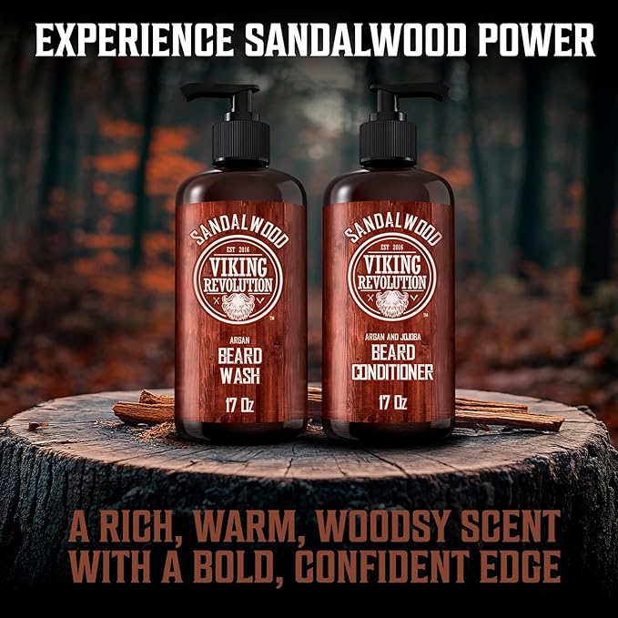 Viking Revolution Beard Wash & Beard Conditioner Set with Argan & Jojoba Oils - Softens and Strengthens - Natural Sandalwood Scent - Beard Shampoo with Beard Oil (17 oz)