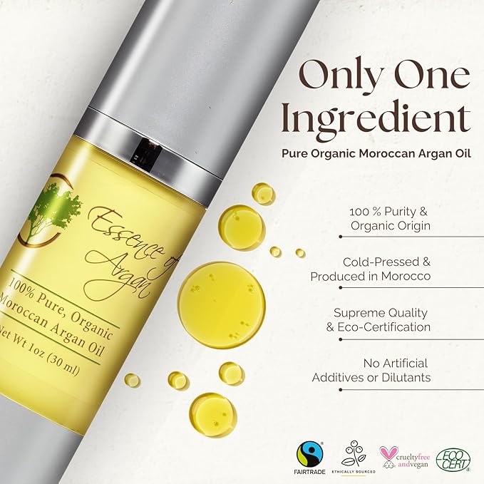 Essence Of Argan Moroccan Argan Oil for Hair, Skin & Nails - Natural Eco-Certified Cold Pressed Oil for Skin Moisturization - Non-Greasy Formula for Hair and Nail Growth - 1.7 Oz /50ml