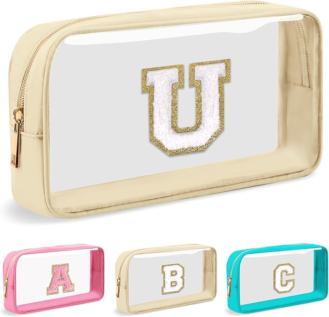 Personalized Initial Letter Clear Makeup Bag,Preppy Small Nylon&PVC Cosmetic Zipper Bag with Chenille Letter,Portable Beach Travel Skincare Toiletry Bag,Trendy Monogram Gift for Teen Girls Women,U