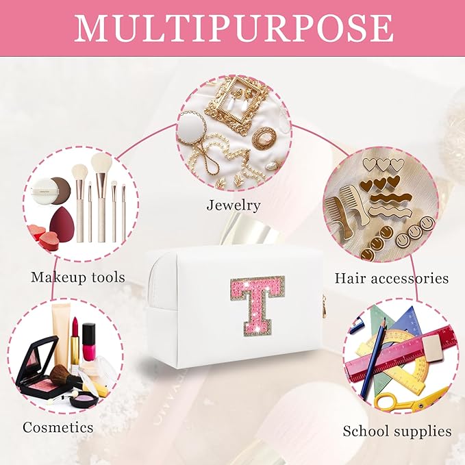 Personalized Initial Letter Makeup Bag, Small Preppy Glitter Cosmetic Pouch PU Waterproof Zipper Travel Toiletry Bag, Unique Patch Makeup Organizer Gift for Women Teen Girls(Letter T)