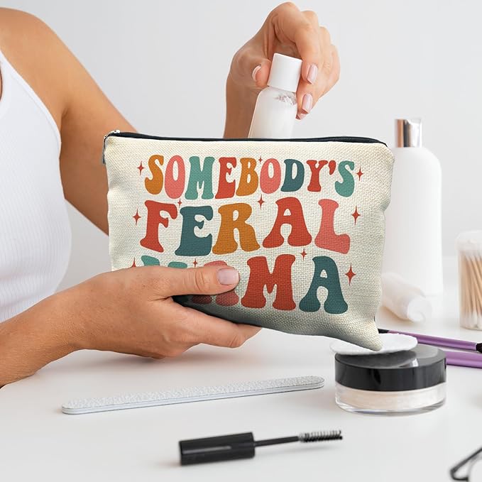 Mama Gifts - Mama Makeup Cosmetic Bag, Mama Gifts for Mothers Day, Gifts for Mom Mother, Mom Mother Gifts from Daughters Sons, Groovy Somebody's Feral Mama Small Makeup Bag Pouch for Purse