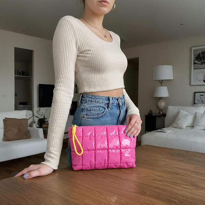 Puffer Quilted Makeup Bag Travel Cosmetic Bag Portable Puffy Checkered Toiletry Pouch Skincare Organizer Purse Pencil Case (Hot Pink)