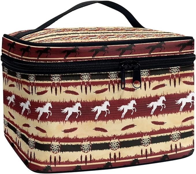 JoyLamoria Aztec Horse Makeup Bag Portable Cosmetic Bag Large Capacity Handbag Wallet Coin Purse Pouch with Handle