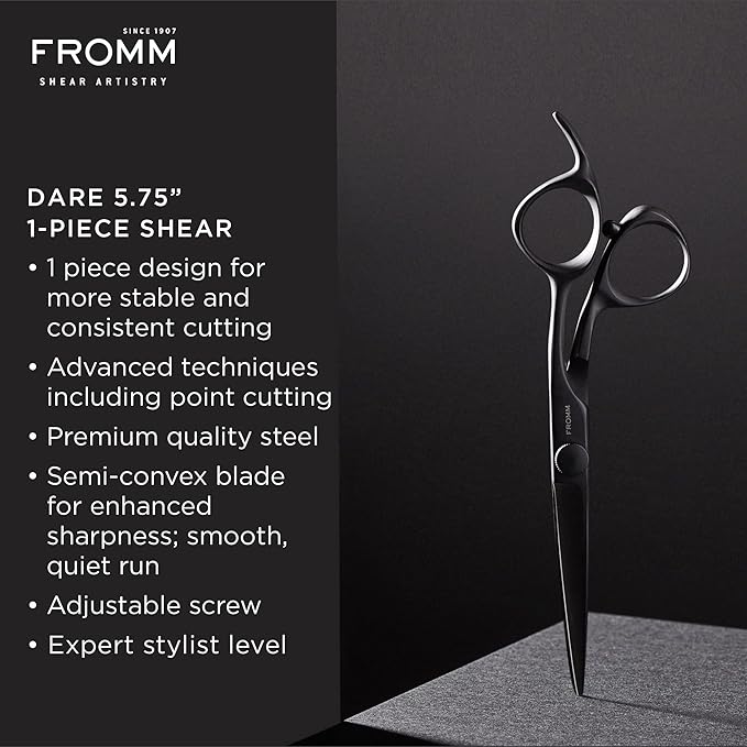Fromm Dare 5.75" 1-Piece Precision Slide and Point Hair Cutting Shears with Semi-Convex Blade for Expert Salon Stylists, Matte Black Japanese Steel Scissors