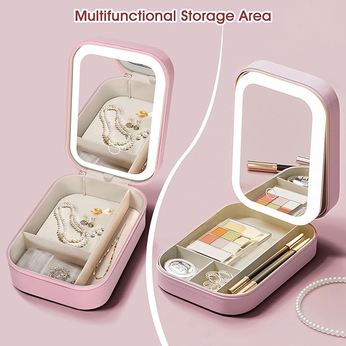 LiveGo 3-Color LED Travel Jewelry Case and Makeup Bag with Mirror, Dust-Proof Jewelry Box, 10 Sealed Jewelry Bags - Compact Cosmetic Mirror Case for Women Girls Travel Essentials (Pink)