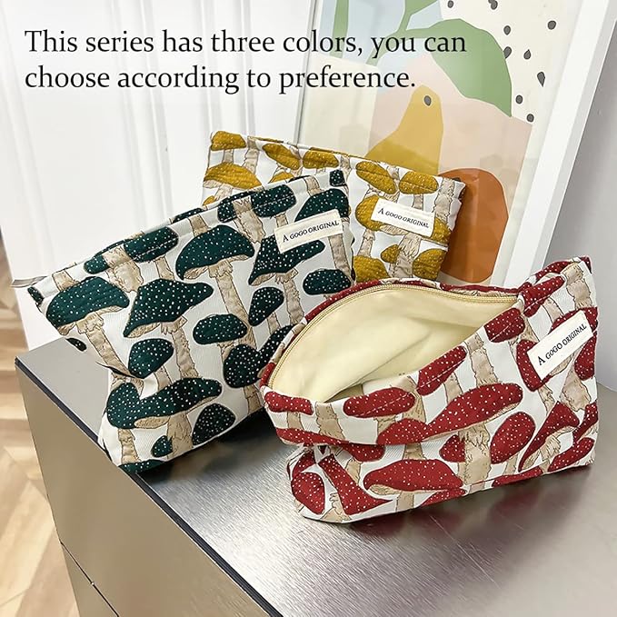 STARDW Cute Makeup Bag Aesthetic Cosmetic Bags for Women Girls, Travel Toiletry Bag Large Capacity Zipper Makeup Pouch, Purse Organizer Pouches,Canvas Lining (Red Mushroom)