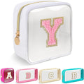 Mini Clear Personalized Initial Makeup Bag, Small Preppy A-Z Chenille Letter Patch Cosmetic Pouch, Transparent PVC & Nylon Waterproof Zip Beach Toiletry Bag,Gift for Women Girls(White-Pink Y)