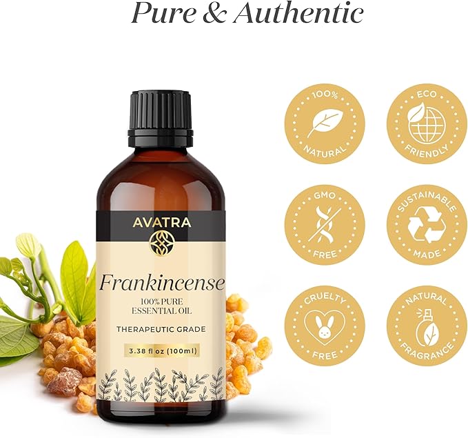 Avatra Frankincense Essential Oil 100ML (3.38 OZ) with Glass Dropper and Travel Bottle, Pure and Natural Therapeutic Grade Frankincense Oil for Diffuser, Aromatherapy, Massage, and DIY Candle Products