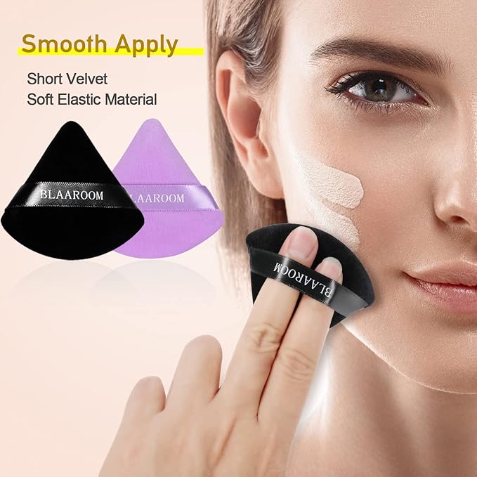 BLAAROOM 12 Pieces Velour Pure Cotton Powder Puff Face Makeup Triangle Powder Puffs for Loose Powder Wet Dry Cosmetic Foundation Beauty Sponge Makeup Tools -Black & Purple