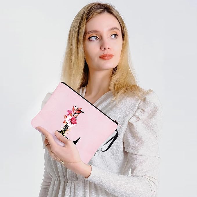 Vavabox A-Z Personalized Makeup Bag, Birthday Gifts for Women Mom, Gifts for Best Friend, Bride Bridesmaid Cosmetic bag (L, Pink)