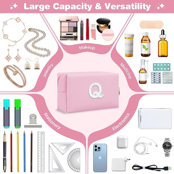 ChaoGreat Bride Gifts – Personalized Initial Makeup Bag with Pearl Rhinestone Patch, Preppy Pink Monogram Cosmetic/Toiletry Pouch, bridesmaid Gifts, Bridal Shower Gifts, Wedding Gifts, Bridal Gifts,Q