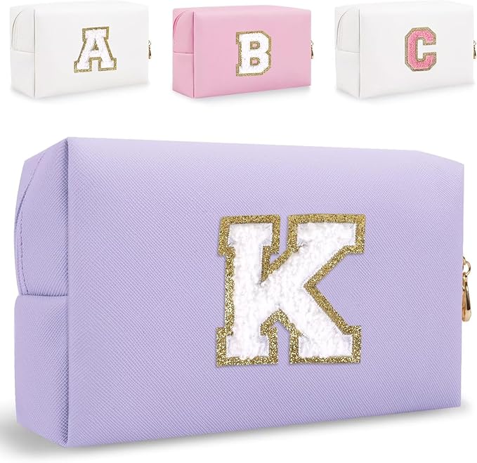 Small Personalized Letter Makeup Bag, Cute PU Leather Chenille Letters Cosmetic Bag Travel Makeup Pouch, Preppy Travel Organizer Zipper Pouch for Women&Girls（Purple-K）