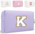 Small Personalized Letter Makeup Bag, Cute PU Leather Chenille Letters Cosmetic Bag Travel Makeup Pouch, Preppy Travel Organizer Zipper Pouch for Women&Girls（Purple-K）
