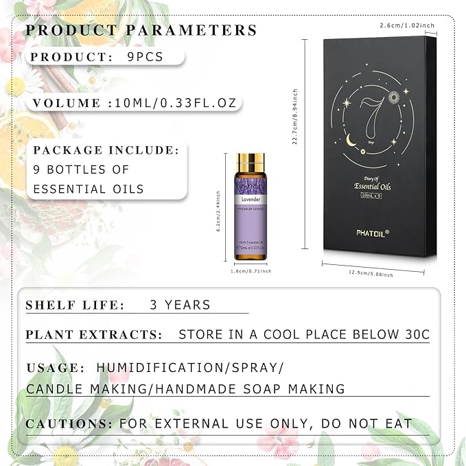 PHATOIL 9PCS Essential Oils Gift Set, 10ml/0.33fl.oz Scented Oils for Soap, Candle Making, Premium Quality Essential Oils for Diffuser, Humidifier, Massage