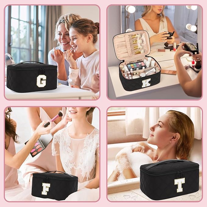 OCHEAL Makeup Bag for Women, Monogram Cosmetic Bag with Brush Holder,Black Travel Makeup Case Beauty Toiletry Bag Organizer Personalized Gifts for Girls Bridesmaid, Sister, Wife, Friends Initial M