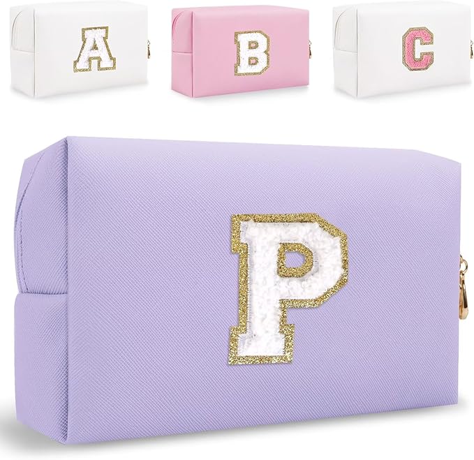 Small Personalized Letter Makeup Bag, Cute PU Leather Chenille Letters Cosmetic Bag Travel Makeup Pouch, Preppy Travel Organizer Zipper Pouch for Women&Girls（Purple-P）